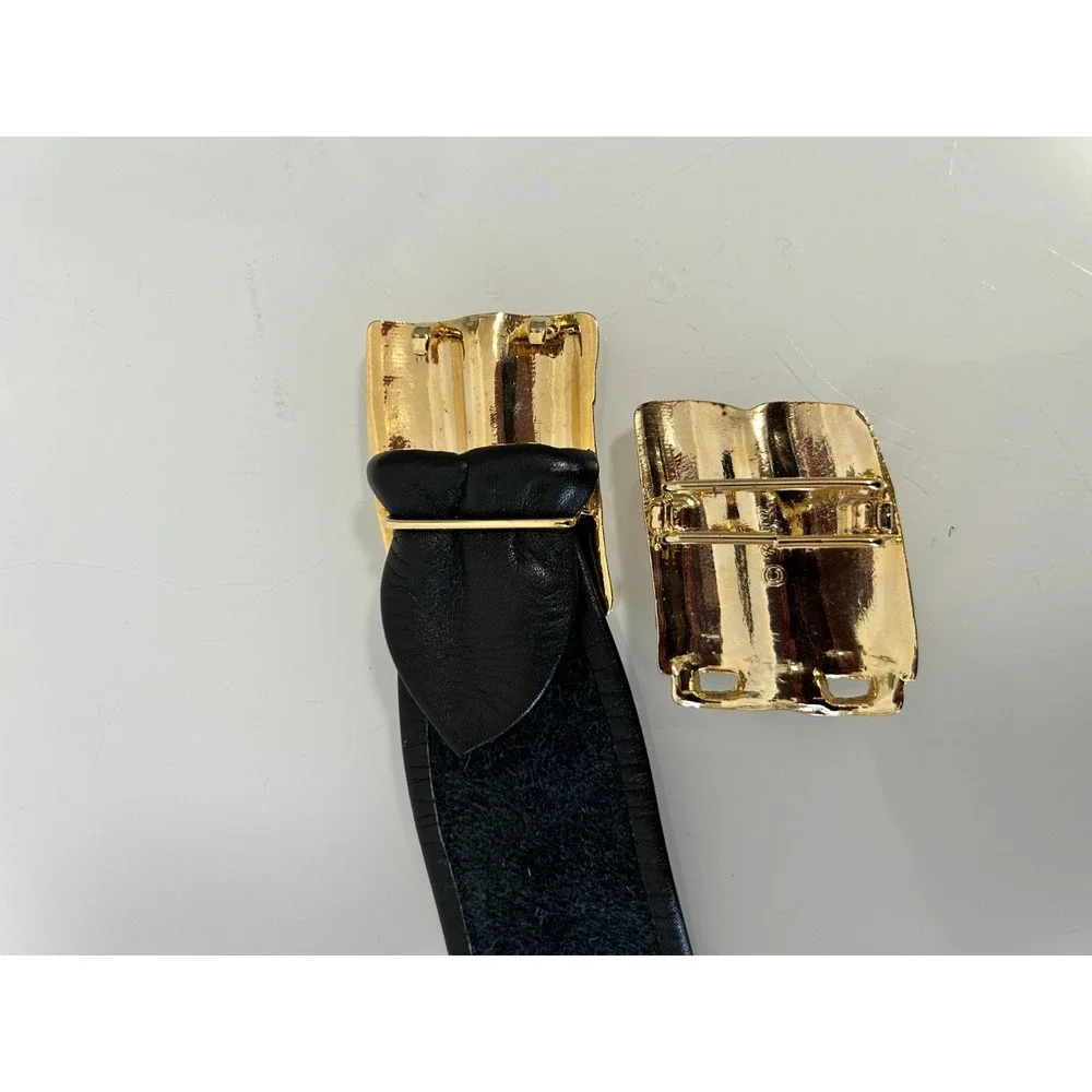 Vintage 90s REVCOR Modernist Textured Gold Clasp Black Leather Waist Belt Large